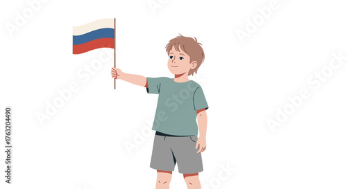 Young boy enthusiastically waves russian flag celebrating national pride and patriotism outdoors isolated on white background