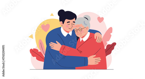 Young woman embracing an elderly woman with care and affection.