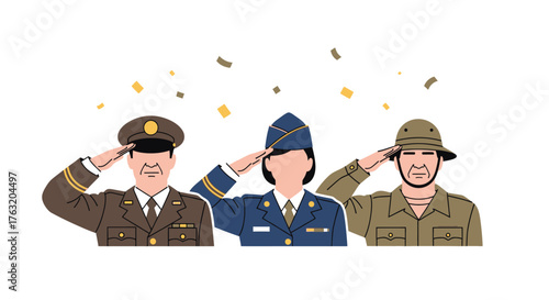Diverse military personnel honoring service and duty with respectful salutes symbolizing patriotism and united forces recognition isolated on white background