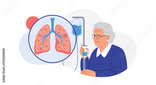 Elderly Woman Receiving IV Treatment with Lung Illustration.