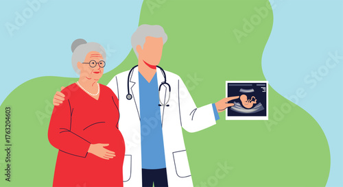 Doctor Showing Ultrasound to Elderly Pregnant Woman, Medical Illustration.