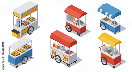 Isometric food carts collection with colorful awning designs and street food displays