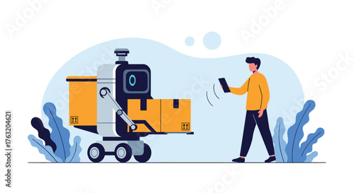 Autonomous delivery robot interacting with a person holding a device.