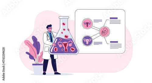 Doctor Examining Uterus Model in Flask with Medical Infographic.
