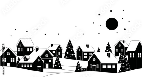 Charming black and white winter village scene with snow-covered houses and pine trees under a full moon and stars festive holiday ambiance isolated on white background