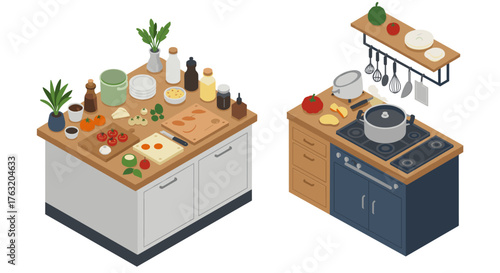 Detailed isometric kitchen interior with cooking ingredients and modern appliances