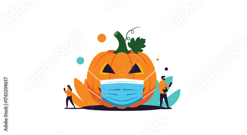 Halloween pumpkin wearing mask with people around it for safety.