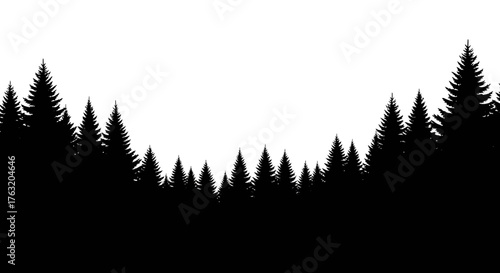 Mysterious dark forest silhouette against white space evoking serenity calmness and nature's grandeur for outdoor adventures and design projects isolated on white background