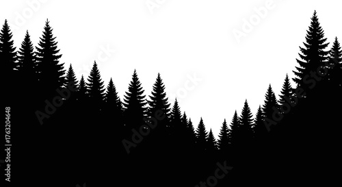 Silhouetted evergreen forest horizon landscape against a bright sky serene nature scene isolated on white background