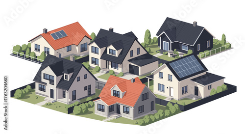 Variety of residential houses showcasing different architectural styles and designs.