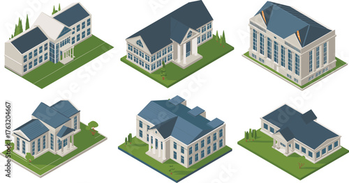 Isometric set of modern buildings illustration showing architectural designs of houses, offices, institutions, and residential structures with greenery