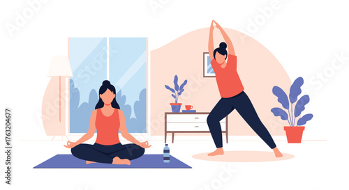 Two women practicing yoga and stretching indoors, promoting health and wellness.