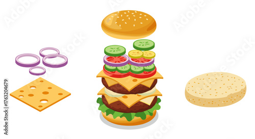 Isometric build your own burger concept with layers of cheese, beef, and vegetables