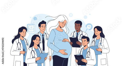 Pregnant woman surrounded by a dedicated team of doctors and nurses.