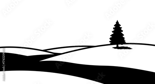 Minimalist winter landscape with lone evergreen tree and winding path silhouette isolated on white background