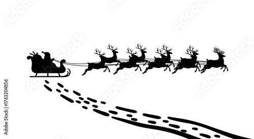Silhouette of santa claus riding a reindeer-drawn sleigh leaving snowy footprints on a festive christmas journey isolated on white background