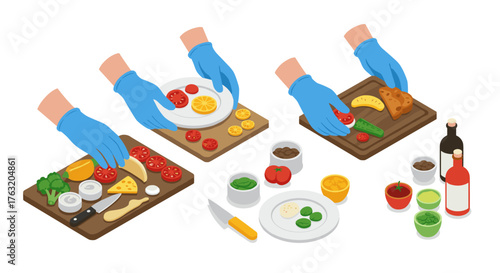Isometric food preparation with hands in blue gloves handling fresh ingredients