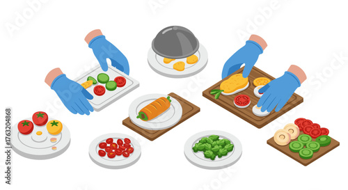 Isometric culinary art: chef preparing various dishes with vibrant ingredients and blue gloves