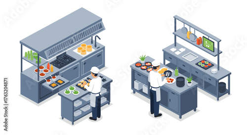 Isometric kitchen scene with chefs preparing dishes in modern culinary environment