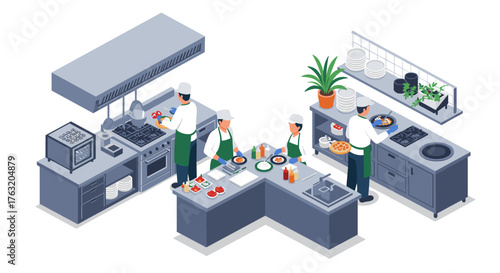 Modern isometric commercial kitchen with chefs preparing food