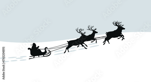 Silhouette of santa claus in sleigh pulled by reindeer flying through snowy winter sky magical christmas journey isolated on white background