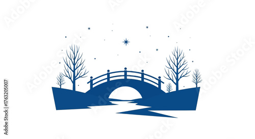 Serene winter bridge landscape with bare trees and gentle snowfall scene isolated on white background