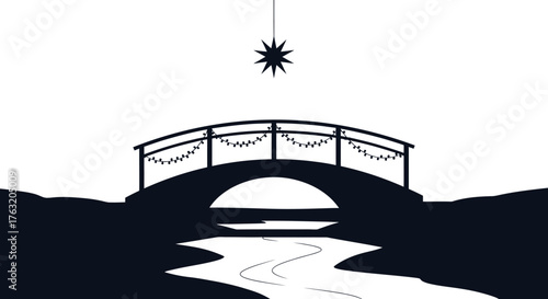 Artistic silhouette of a curved bridge crossing a reflective river with a starry sky above creates a mystical and serene landscape scene isolated on white background