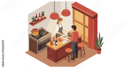Isometric kitchen scene with people cooking together