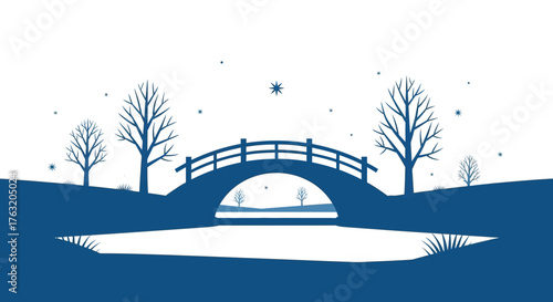 Serene winter scene with arch bridge over frozen lake and bare trees snowfall landscape artwork isolated on white background