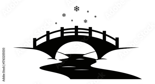 Serene japanese garden bridge arching over flowing river with delicate snowflakes falling gently in winter scene isolated on white background