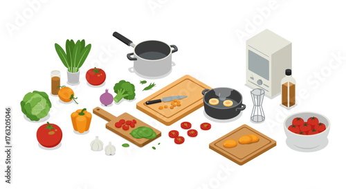 Isometric kitchen scene with fresh vegetables and cooking utensils