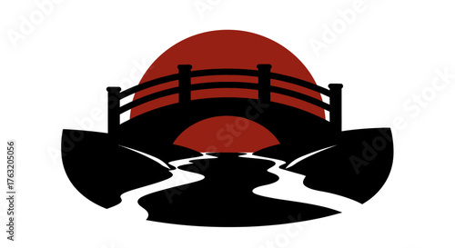 Serene sunrise over japanese bridge silhouette scenic nature landscape reflection water peaceful ambiance traditional east asian scenery isolated on white background