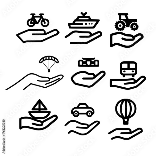 Transport icon set in flat style showing car train ship hot air balloon and parachute