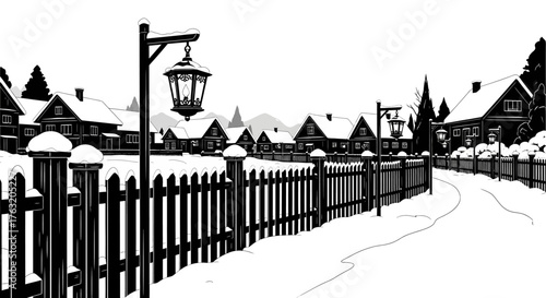 Charming snow-covered village street with traditional lanterns and wooden fence creates a cozy winter atmosphere isolated on white background