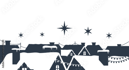 Charming winter village scene with snow-covered rooftops and twinkling stars under a clear sky ideal for festive holiday designs isolated on white background