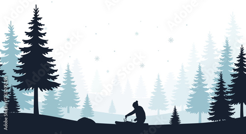Serene winter forest scene with lone figure enjoying the snowfall and quiet serenity of nature isolated on white background