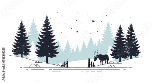 Serene winter forest scene with dark evergreen trees snow-covered ground and a silhouette of a horse under a starry sky isolated on white background