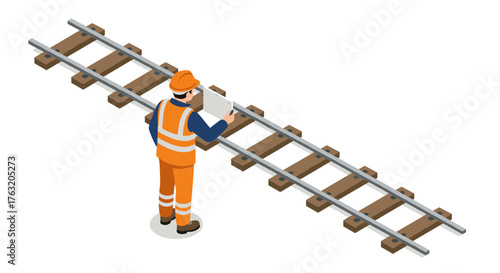 Isometric railroad worker in safety gear inspecting tracks