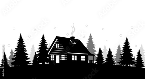 Rustic log cabin nestled among tall pine trees evokes cozy wilderness retreat ambiance tranquil forest scene isolated on white background