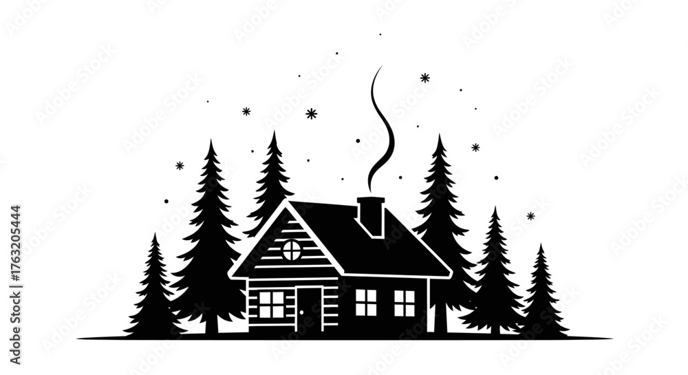 Obraz premium Cozy log cabin in snowy forest during winter scene with smoke rising from chimney and falling snowflakes isolated on white background