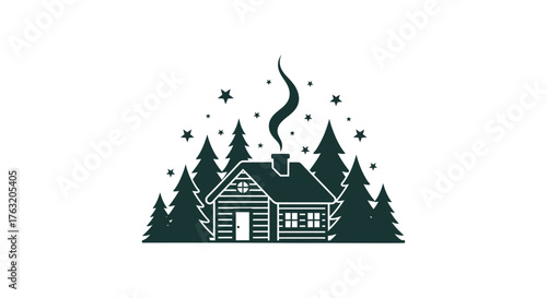 Cozy log cabin in snowy forest with smoke rising from chimney represents winter serenity and rustic mountain retreat isolated on white background