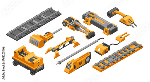 Isometric industrial robot components in yellow and gray tones