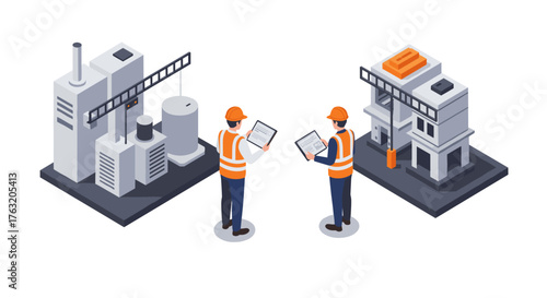 Construction workers analyzing industrial sites with modern technology