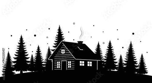 Rustic log cabin nestled among evergreen trees with snow falling gently creating a serene winter woodland scene of natural beauty and solitude. isolated on white background