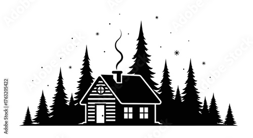 Cozy log cabin in dense forest silhouette surrounded by tall pine trees with smoke wisps rising from chimney isolated on white background