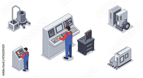 Isometric industrial control room with operators and machinery elements