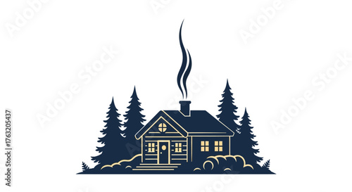 Cozy cabin in snowy forest with chimney smoke atmospheric winter scene nature landscape tranquil retreat isolated on white background