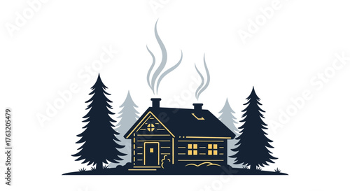 Cozy log cabin scene surrounded by evergreen trees with smoke emitting from chimneys in a winter landscape atmosphere isolated on white background