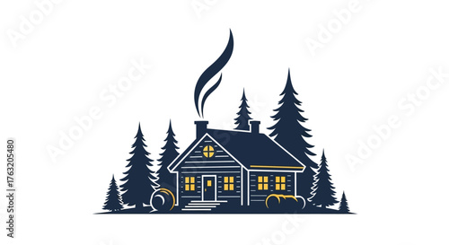 Cozy log cabin in snowy winter forest with smoke rising from chimney representing warmth and serenity isolated on white background