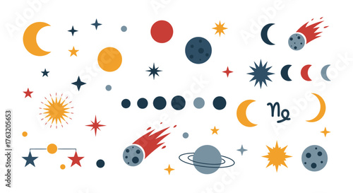 Cosmic collection celestial bodies planets moons stars comets zodiac signs abstract shapes universe galaxy space exploration discovery isolated on white background